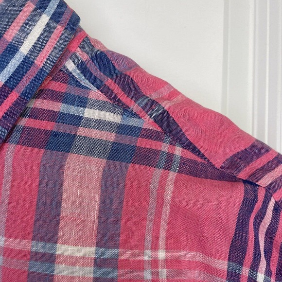 Southern Tide Linen Trim Fit Skipjack Pink Blue Plaid Button Up Shirt Medium M - Picture 4 of 14